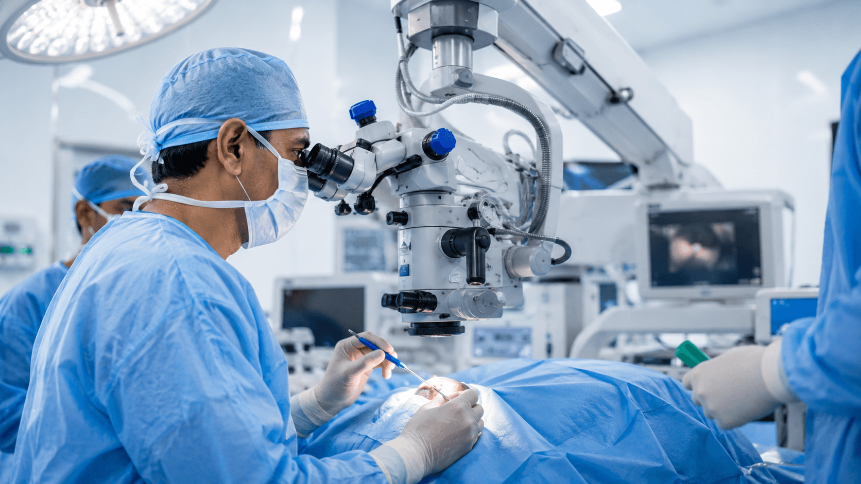 Experienced eye surgeon performing advanced glaucoma surgery with modern ophthalmic equipment at Akashdeep Netralay.