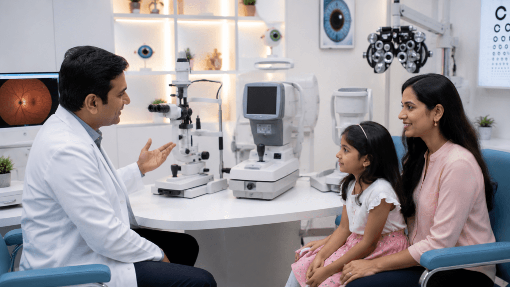 Modern pediatric eye clinic with advanced diagnostic equipment used to evaluate children's eye problems.