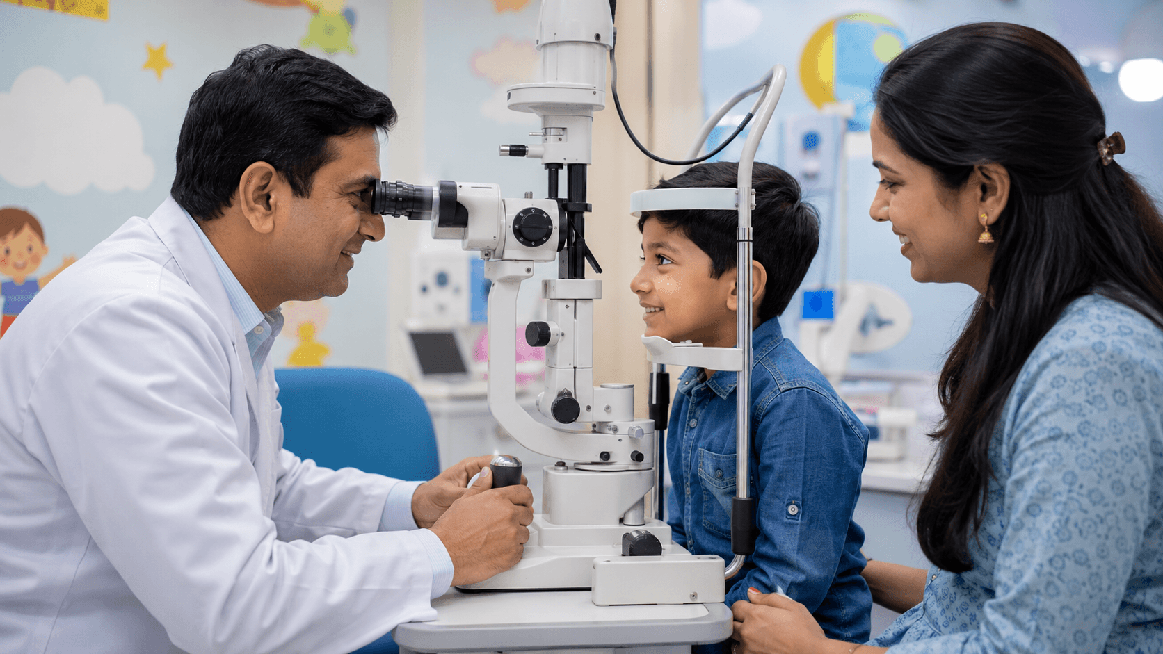 Indian parents consulting a pediatric eye specialist in Sangli for their child's eye problems at a modern eye hospital.