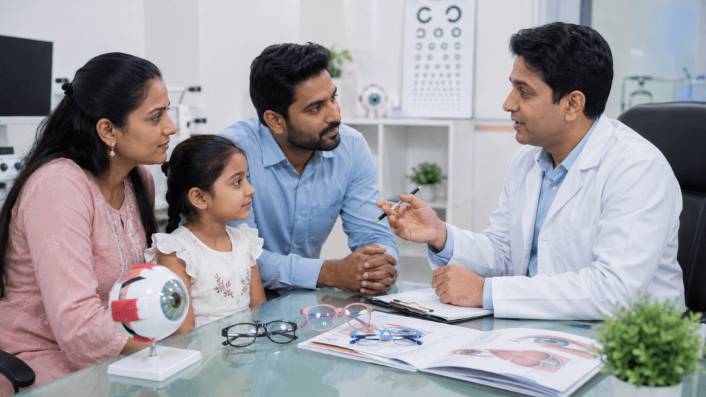 Eye specialist explaining common children's eye problems to Indian parents during a consultation.