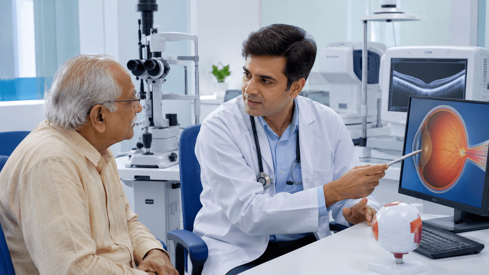 Ophthalmologist providing glaucoma treatment and management consultation at Akashdeep Netralay using advanced eye diagnostic equipment.