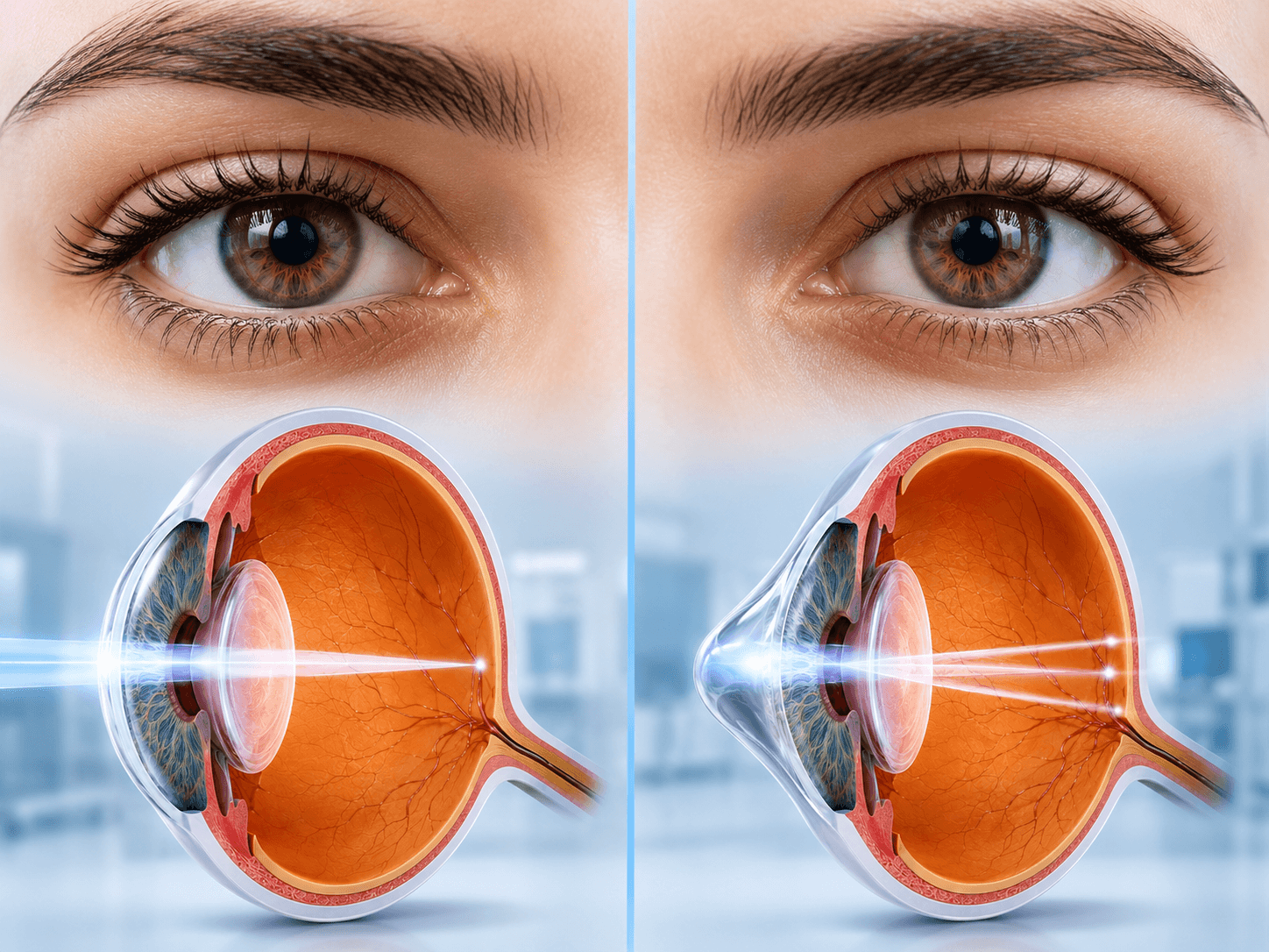 Keratoconus treatment illustration comparing a healthy cornea with a cone-shaped cornea affected by keratoconus.