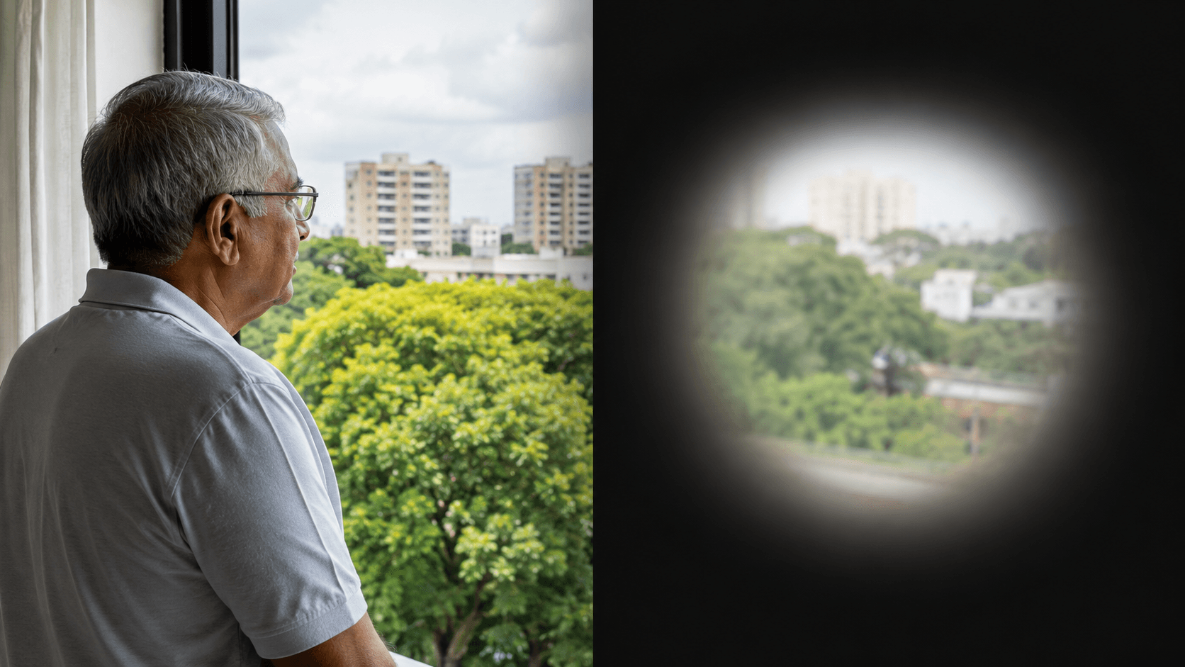 Person experiencing blurred peripheral vision and tunnel vision, common symptoms of glaucoma eye disease.