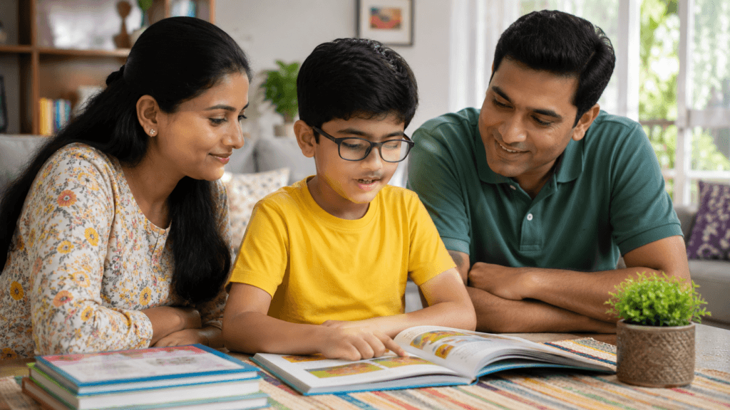 Child wearing eyeglasses while reading a book, showing common warning signs of children's eye problems.