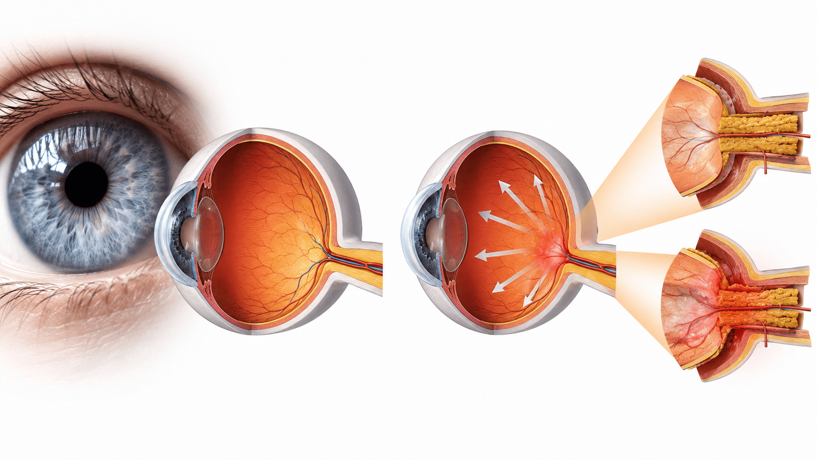 Medical illustration showing healthy and damaged optic nerve to explain what glaucoma is and how it affects vision.