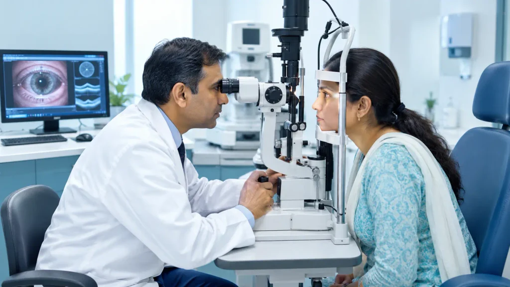 Ophthalmologist performing a detailed eye examination